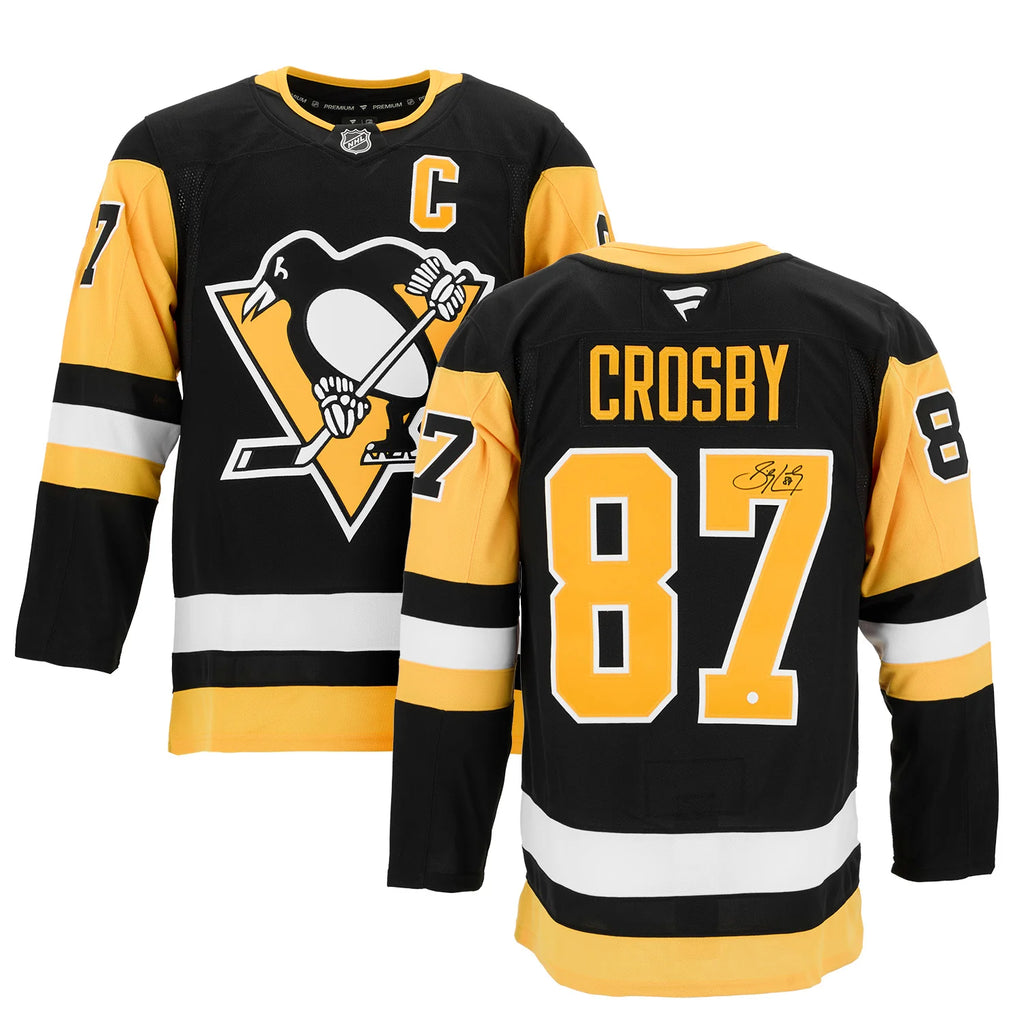Sidney Crosby Pittsburgh Penguins Fanatics Premium Jersey front view with captain C and Penguins logo
