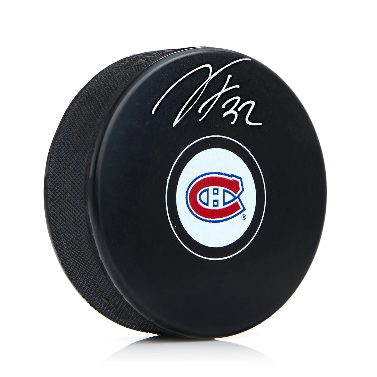 Jacob Fowler autographed Montreal Canadiens Inglasco hockey puck with number 32 signature