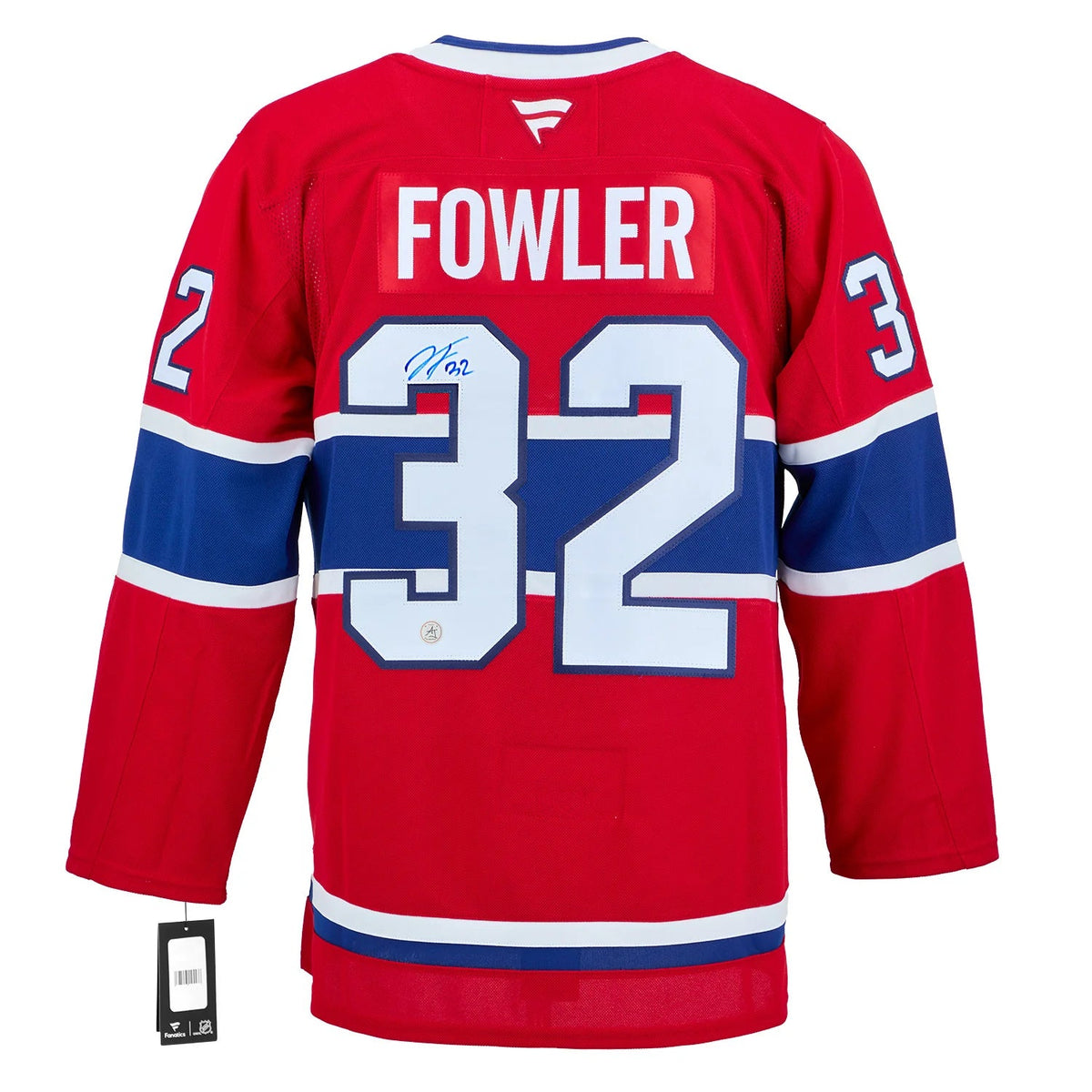 Jacob Fowler Autographed Montreal Canadiens Fanatics Premium Jersey - back view showing autograph and number 32