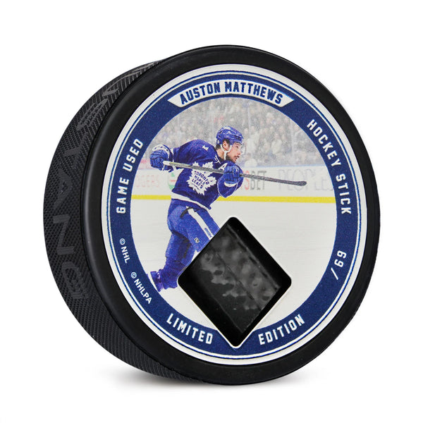 Auston Matthews Toronto Maple Leafs game used hockey stick collector puck limited edition #/69 with Mustang Products design